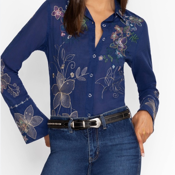 Johnny Was Blue Floral Embroidered crystal Button Down Long Sleeve Shirt - Picture 10 of 10